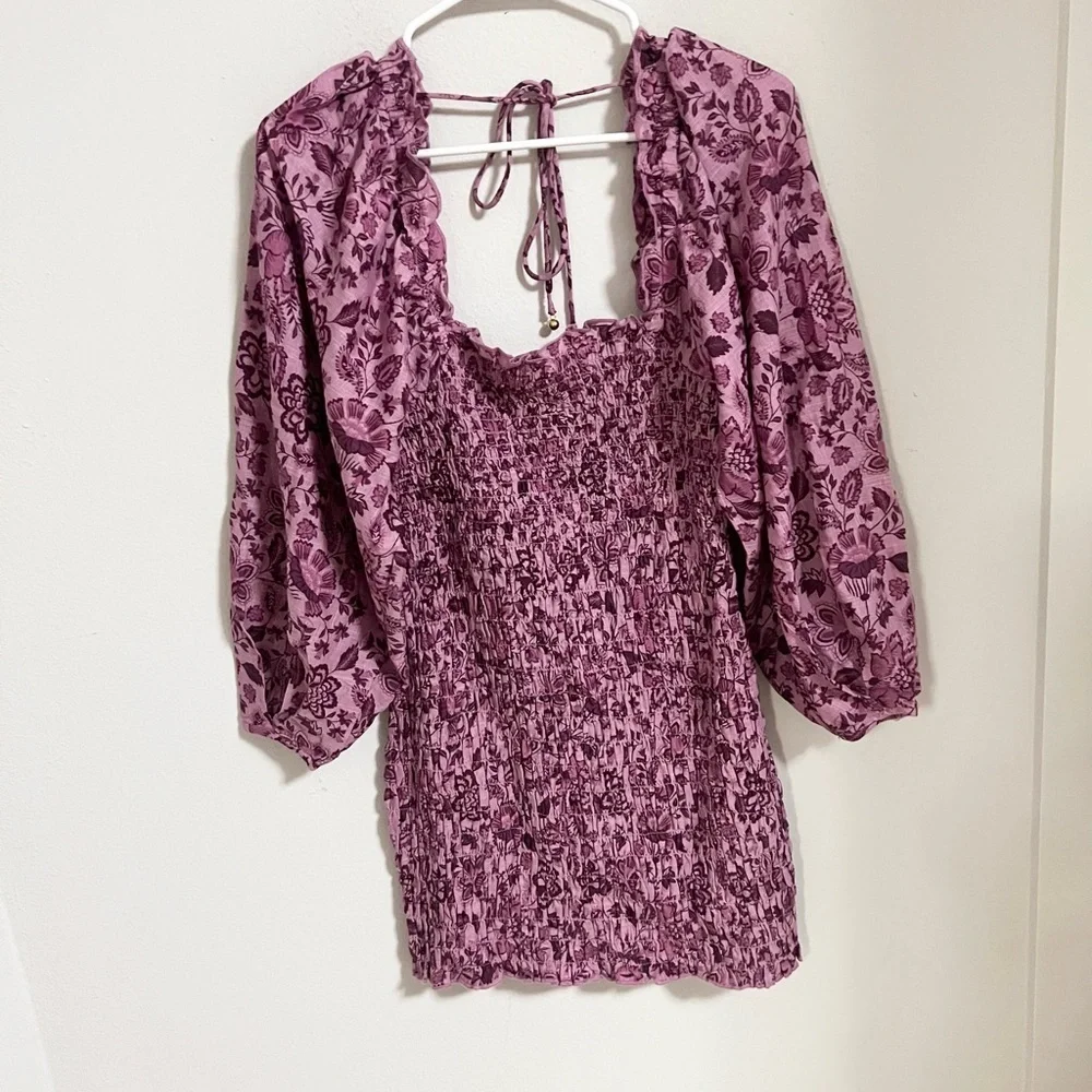 NWT Free people smocked purple mini dress puff sleeves cotton